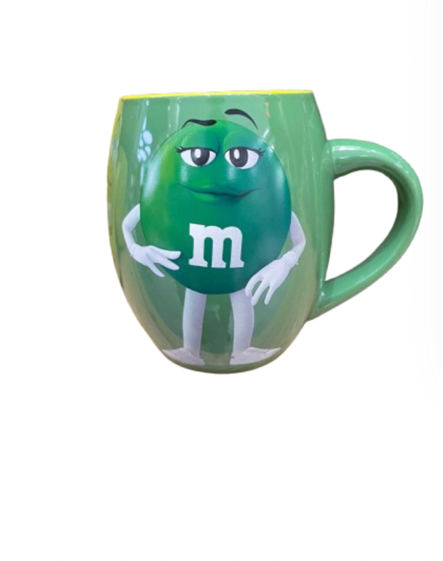 M&M's World Green Character with Yellow Color Inside Barrel Coffee Mug New