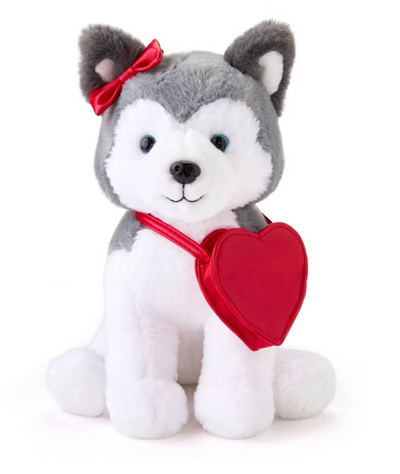 FAO Schwarz 12" Valentine Sparklers Plush Husky with Heart Purse New with Tag