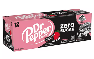 Dr Pepper Strawberries Cream Zero Soda Ankylosaurus Jurassic 12 pk 12 fl oz Cans