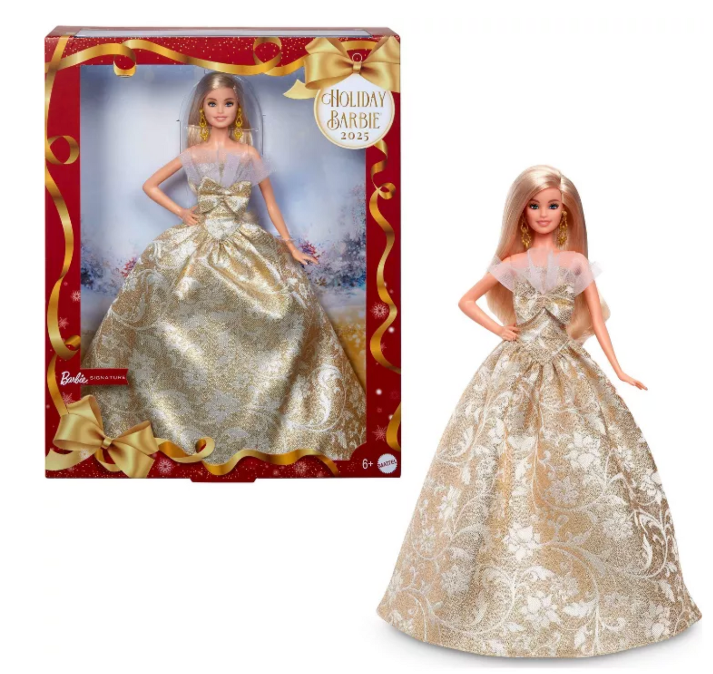 Barbie Signature 2025 Holiday Barbie Fashion Doll Blonde Hair Gold Gown New