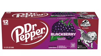 Dr Pepper Blackberry Soda Aquilops Jurassic World Rebirth 12 pack 12 fl oz Cans