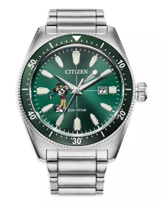 Disney Parks Mickey Mouse Stainless Steel Eco-Drive Golf Watch Citizen New w Box