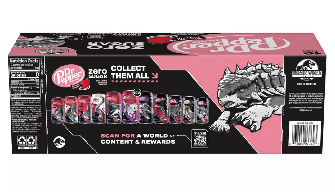 Dr Pepper Strawberries Cream Zero Soda Ankylosaurus Jurassic 12 pk