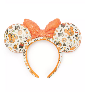 Disney Parks Halloween Cats Spiders Pumpkins Minnie Ear Headband Sequined Bow N