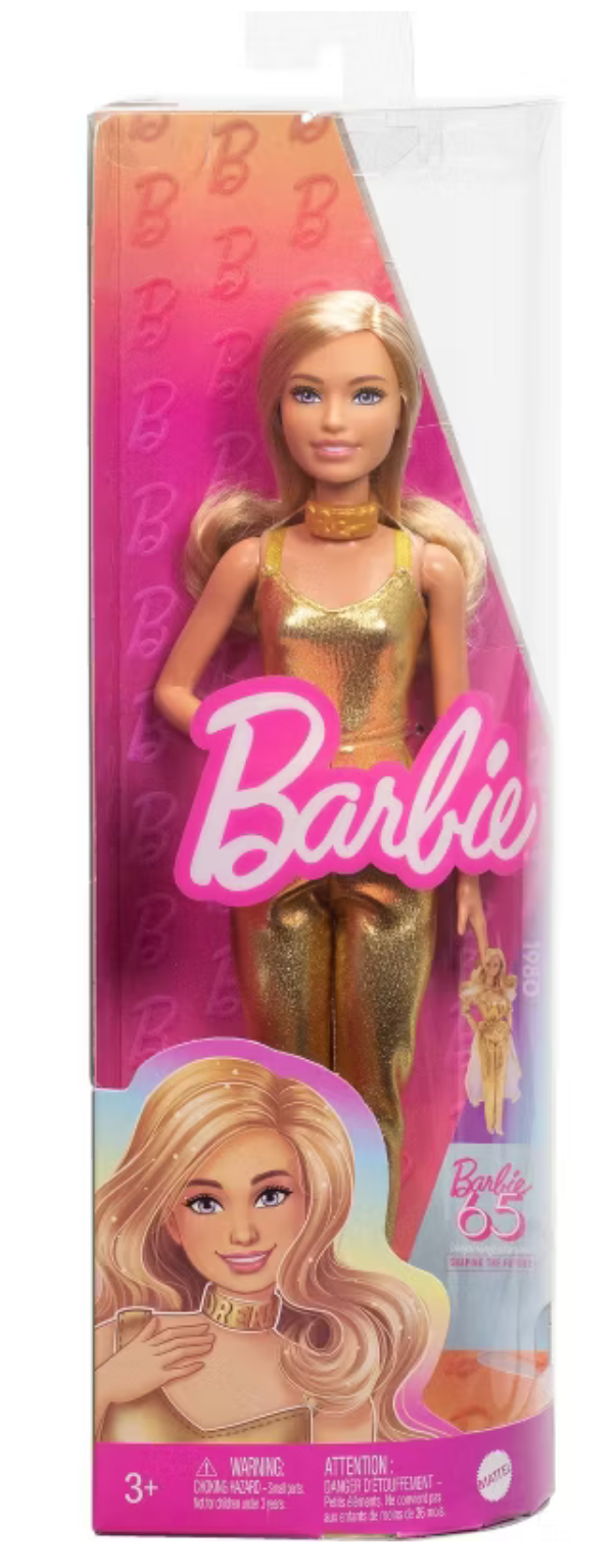 Barbie Fashionistas Doll #222, Petite with Blonde Wavy Hair, Golden Jumpsuit, 65th Anniversary Barbie Fashionistas Doll #222, Petite with Blonde Wavy Hair, Golden Jumpsuit, 65th Anniversary