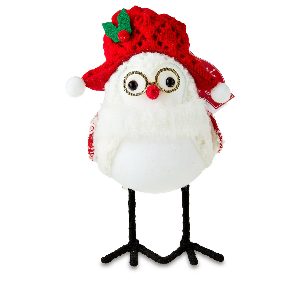 Holiday Time Red and White Fabric Bird with Red Hat Christmas Decoration New