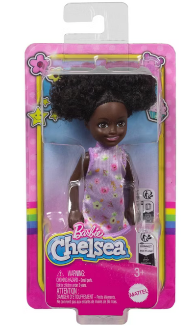 Barbie 6.3" Chelsea Small Doll Purple Floral Dress Space Buns Toy New with Box