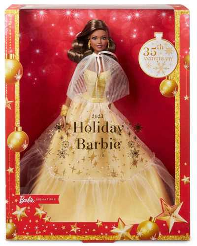 Barbie 13 Signature 2023 Holiday Collector Doll Golden Gown Dark Brown Hair New