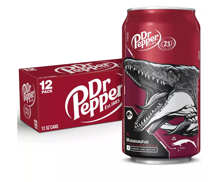 Dr Pepper Soda Mosasaurus Jurassic World Rebirth 12 pack 12 fl oz