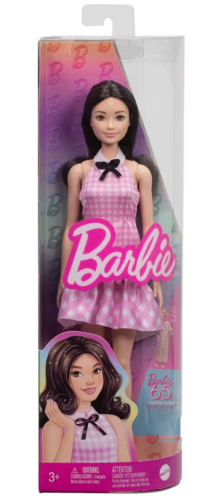 strapless open back dress Barbie Fashionistas Doll #224 with Black Hair and Pink Gingham Dress