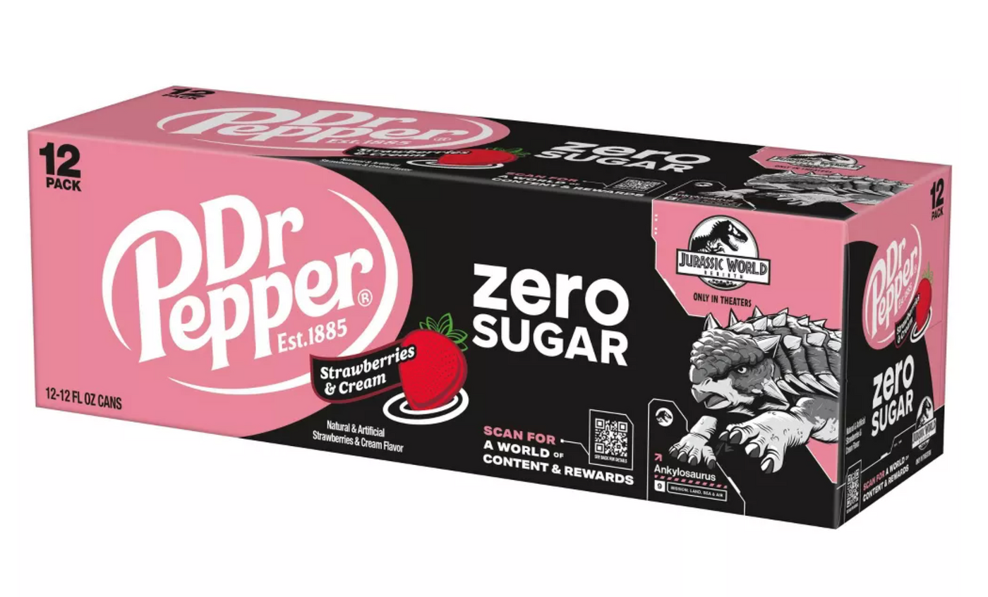 Dr Pepper Strawberries Cream Zero Soda Ankylosaurus Jurassic 12 pk 12 fl oz Cans