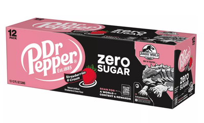 Dr Pepper Strawberries Cream Zero Soda Ankylosaurus Jurassic 12 pk 12 fl oz Cans