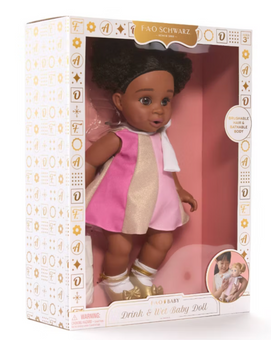 FAO Schwarz 14" Drink and Wet Baby Doll - Black Hair Toy New With Tag