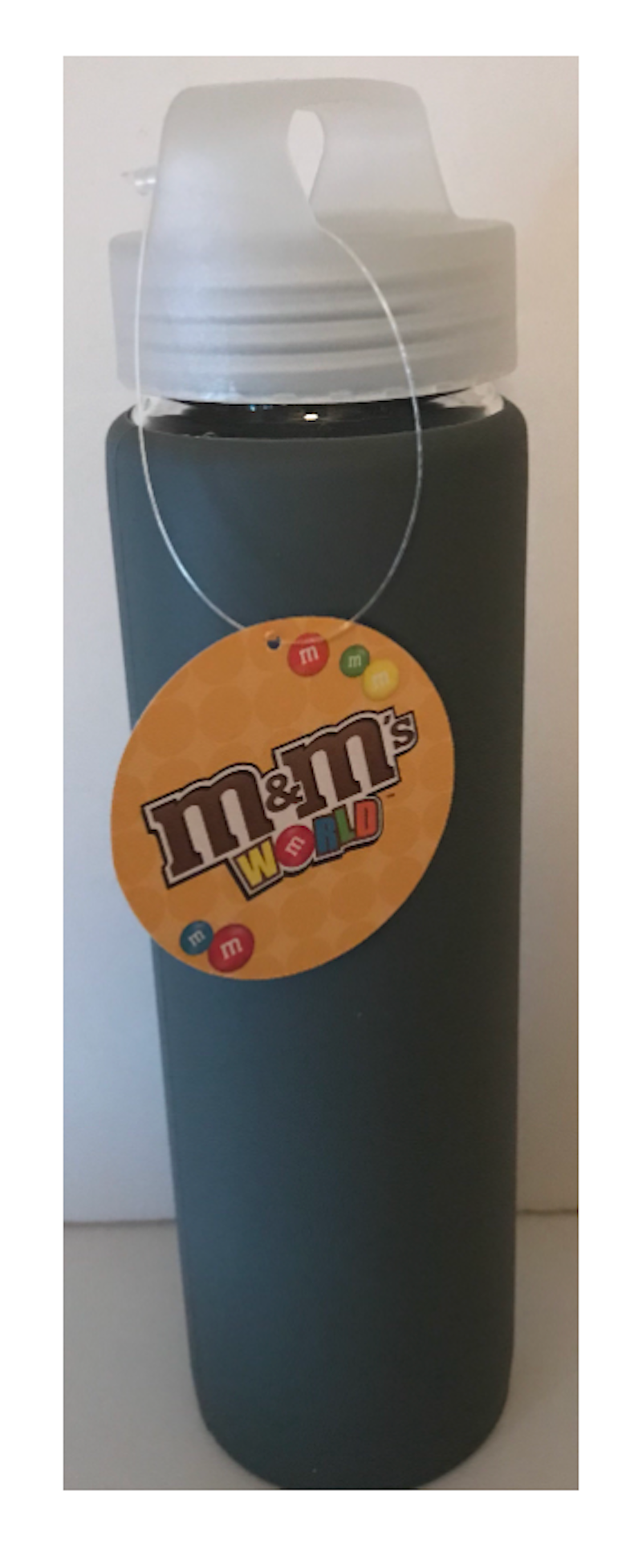 M&M's World Water Bottle With Silicone Sleeve Gray Nice For Travel Or Gift New