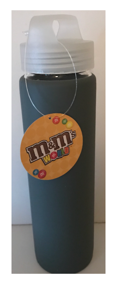 M&M's World Water Bottle With Silicone Sleeve Gray Nice For Travel Or Gift New