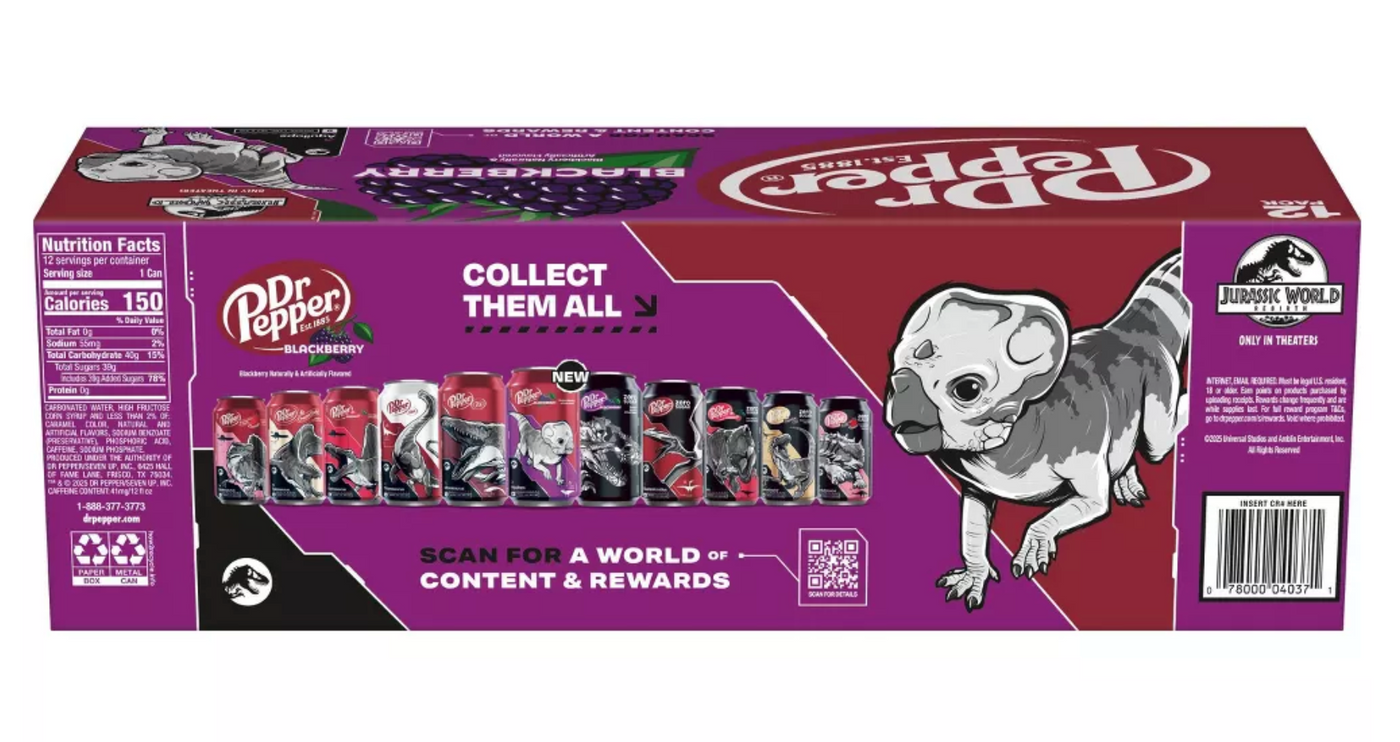 Dr Pepper Blackberry Soda Aquilops Jurassic World Rebirth 12 pack 12 fl oz Cans