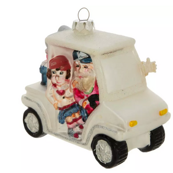 Robert Stanley Santa Claus & Mrs. Claus On Golf Cart Glass Ornament New with Tag