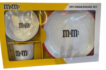 M&M's World Glass Dinnerware Set with Bowl Plate and Mug New with Box