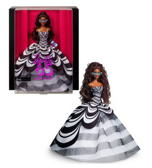 Barbie Signature 65th Blue Sapphire Fashion Doll Black Hair Black White Gown New
