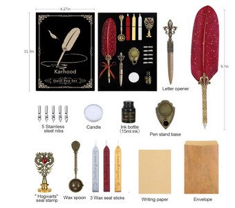 Karhood Quill Pen and Ink Feather Calligraphy Dip with Wax Seal Stamp Kit Red