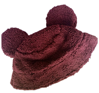 Disney Parks Mickey Mouse Ears Sherpa Fleece White Bucket Winter Hat Burgundy