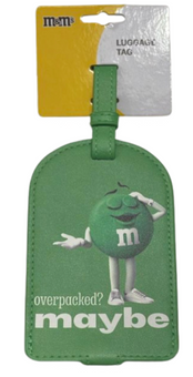 M&M's World Green Character Figure "Overlacked? Maybe" Luggage Tag New with Tag