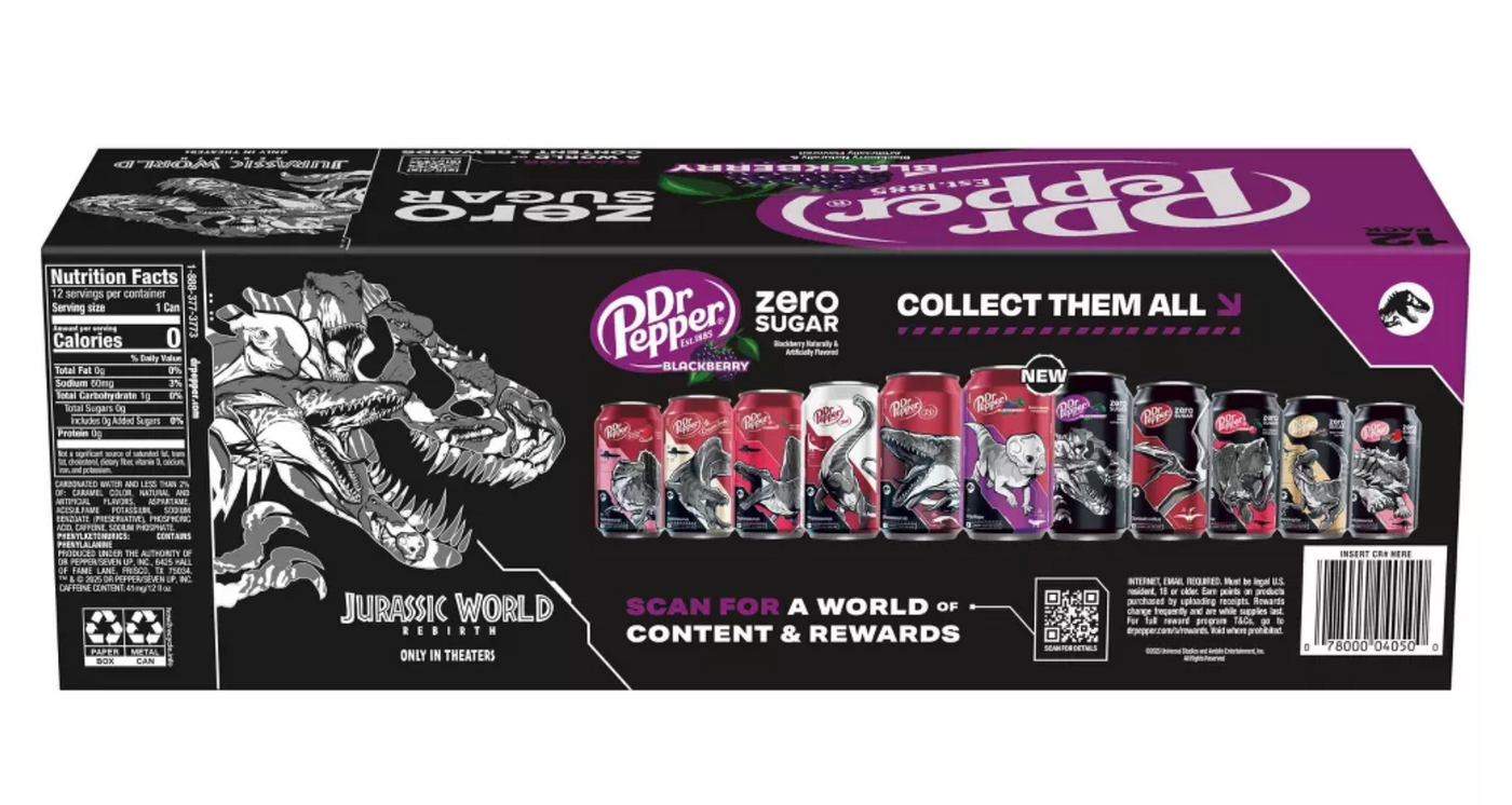 Dr Pepper Blackberry Zero Sugar Soda Jurassic World Rebirth 12 pack 12 fl oz Can