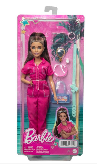 Barbie Doll in Trendy Pink Jumpsuit with Accessories Pet Puppy Toy New with Box