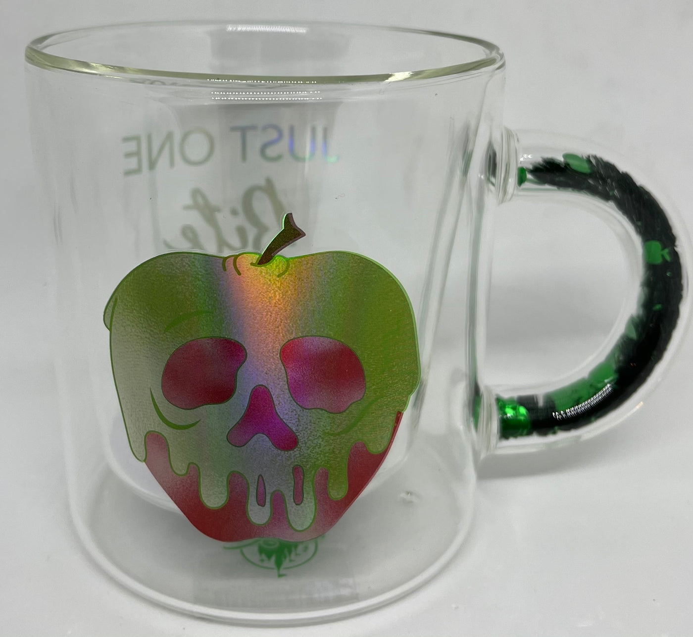 Disney Parks Snow White Poisoned Apple Just One Bite Glass Mug with Glitter New