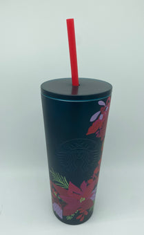Starbucks Holiday Christmas 2021 Dark Green Poinsettia Metal Tumbler 16oz New