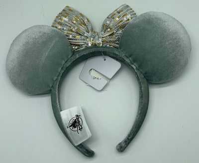Disney Parks Mickey Minnie Mouse Ears Winter Frost Gray Quilted Bow Headband New