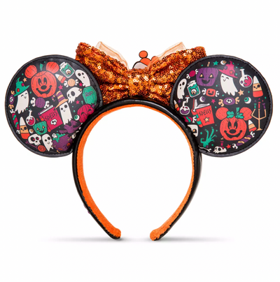Disney Halloween Minnie Boo Glow in the Dark Ghost Ear Headband Sequined Bow New