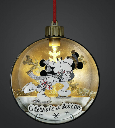 Disney Parks Mickey Minnie Skating Light-Up Glass Ball Christmas Ornament New