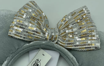 Disney Parks Mickey Minnie Mouse Ears Winter Frost Gray Quilted Bow Headband New