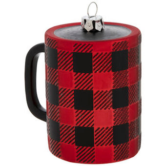 Robert Stanley Red & Black Buffalo Check Mug Glass Christmas Ornament New w Tag