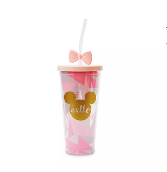 Disney Disneyland Mickey and Minnie Pink Bow Hello Travel Tumbler with Straw New