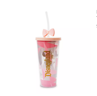 Disney Disneyland Mickey and Minnie Pink Bow Hello Travel Tumbler with Straw New