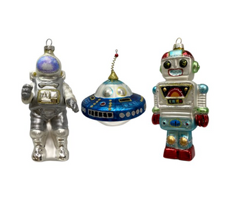 Holiday Time Robot UFO Astronaut Glass Christmas Ornament Set New with Box