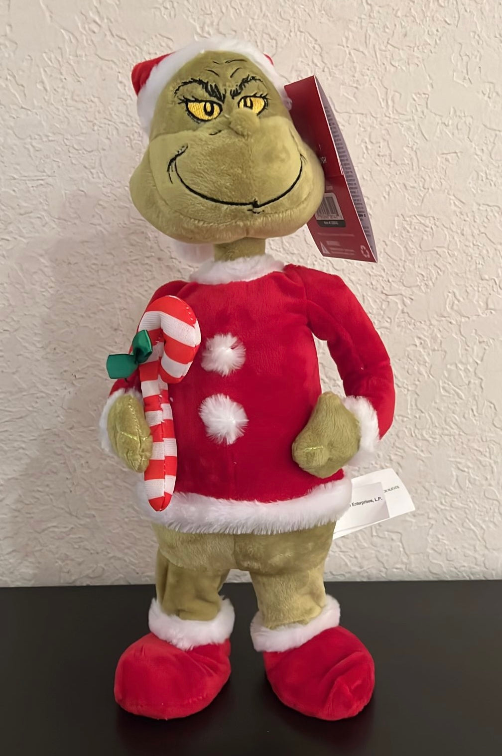 The Grinch with Santa Hat and Candy Cane Christmas Animated Plush New with Tag
