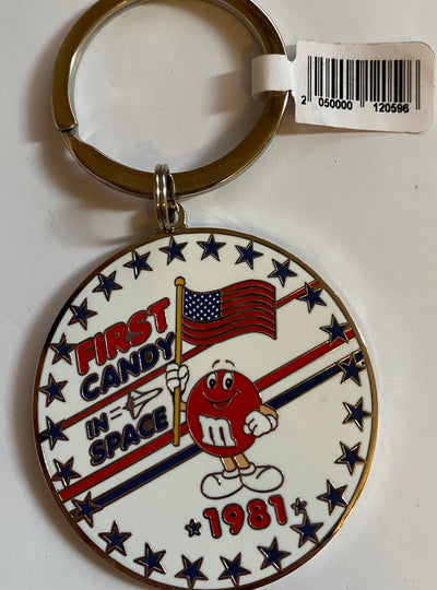 M&M's World Red Character First Candy in Space 1981 Round Metal Keychain New