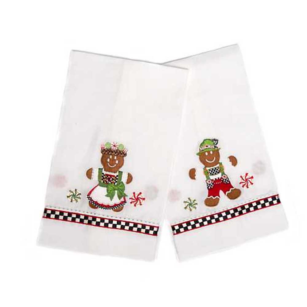 MacKenzie-Childs Christmas Gingerbread Couple Guest Towels Set of 2 New with Tag