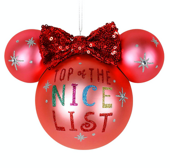 Disney Parks Minnie Nice List Glass Ball Christmas Ornament New with Tag