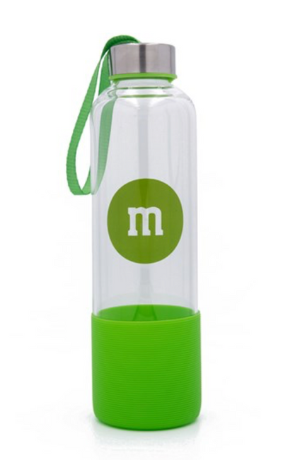 M&M's World Green Character Water Glass Bottle with Silicone Bottom New
