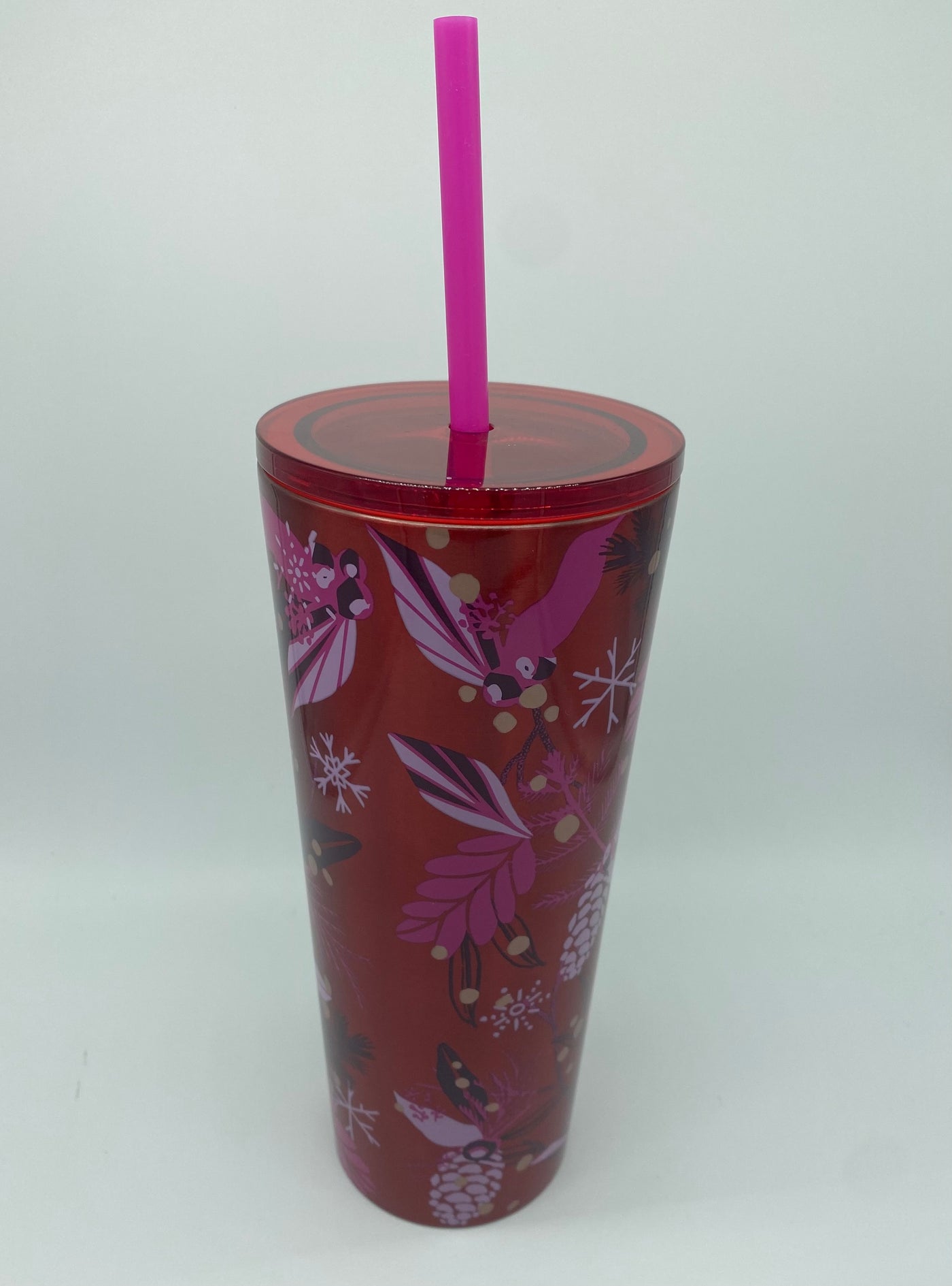 Starbucks Holiday Christmas 2021 Pink Red Poinsettia Metal Cold Tumbler 16oz New