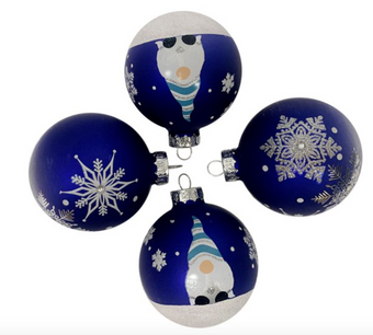Holiday Time Christmas Blue Gnome Snowflake Glass Ball Ornament New With Box
