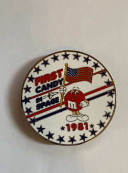 M&M's World Red Character First Candy in Space 1981 Round Metal Magnet New