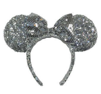 Disney Parks Minnie Holiday Silver Sequined Bow Ears Headband New with Tags