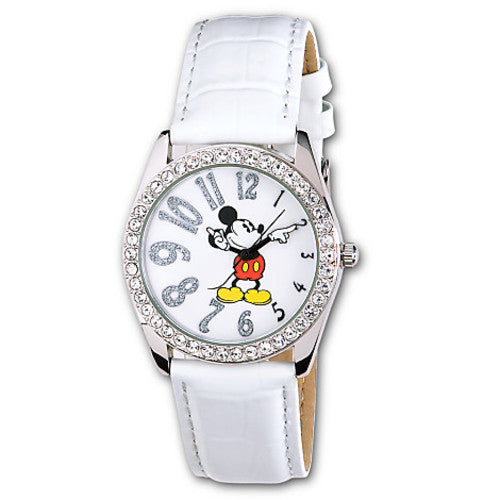 Disney Parks White Leather Glitter Mickey Mouse Watch New