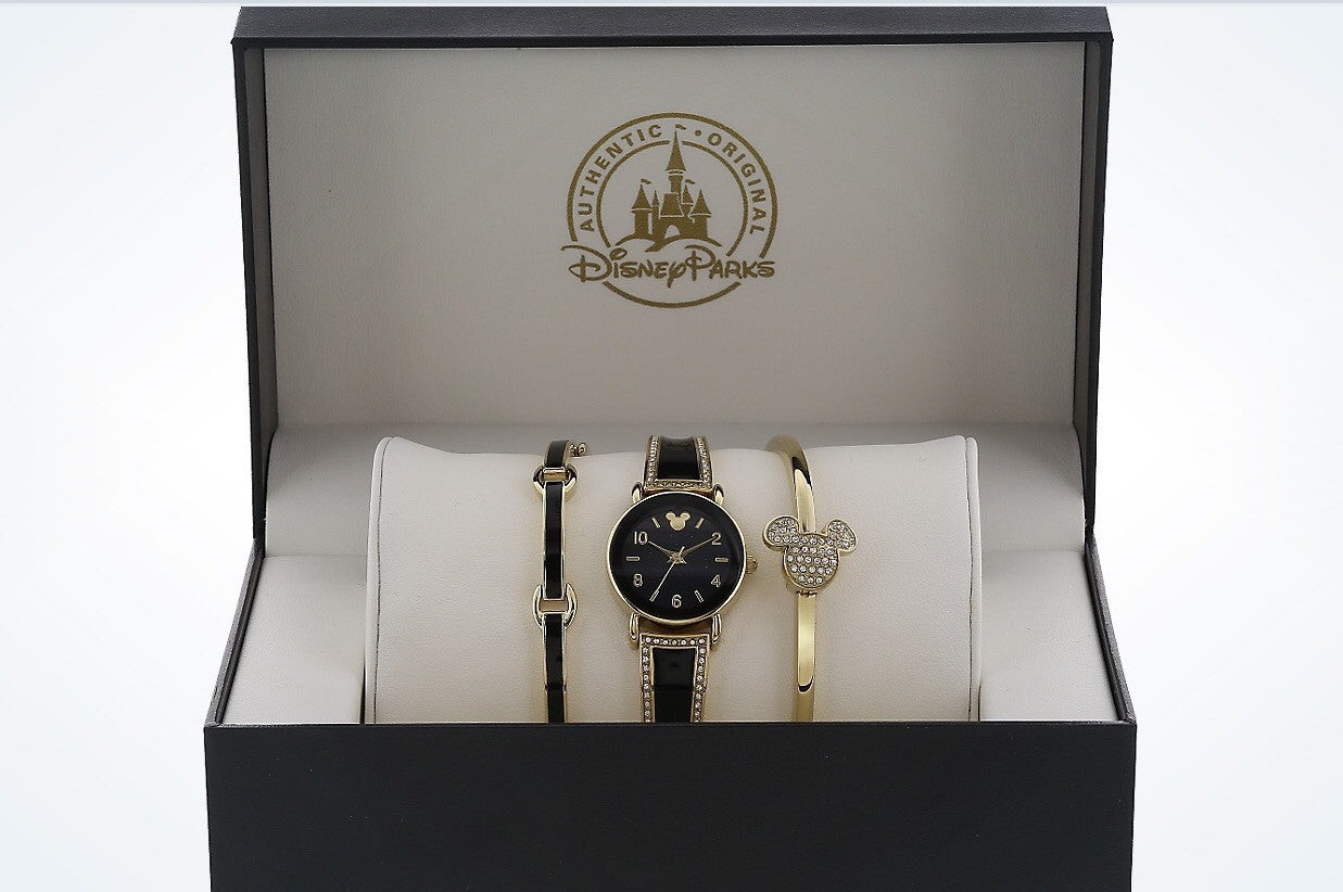 Disney Parks Black Mickey Icon Watch Set with Bracelet by Sutton New with Case