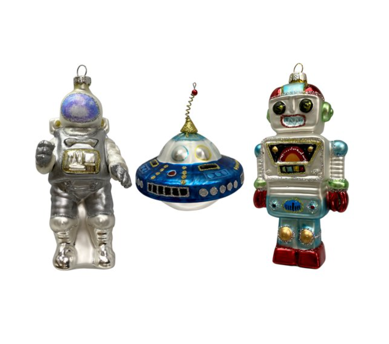 Holiday Time Robot UFO Astronaut Glass Christmas Ornament Set New with Box